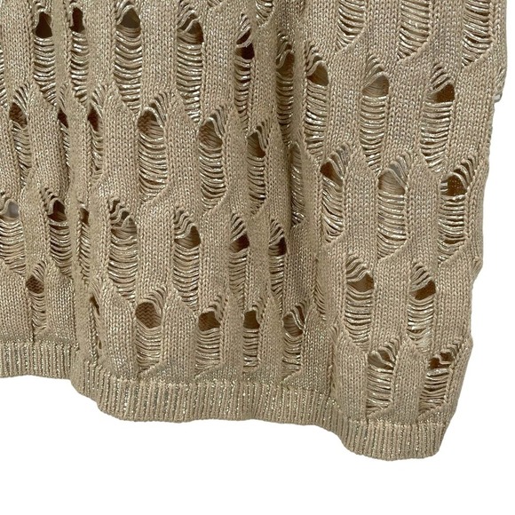 Chico's Short Sleeve Sweater Gold Shimmer Metallic Loose Knit 100% Cotton | 2 - Picture 10 of 11